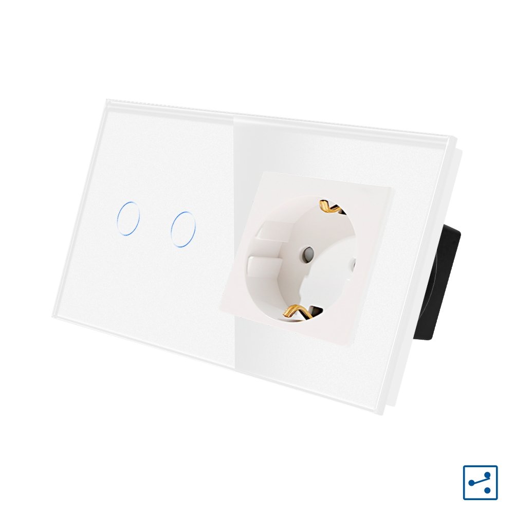 Intrerupator Dublu Cap Scara / Cruce + Priza cu Rama din Sticla LUXION
