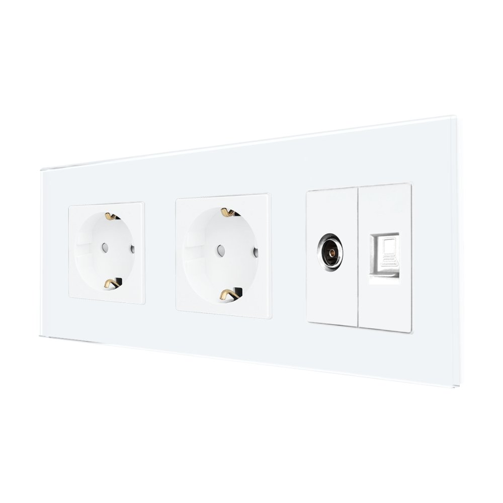Priza Dubla Schuko + TV + Internet cu Rama Din Sticla LUXION