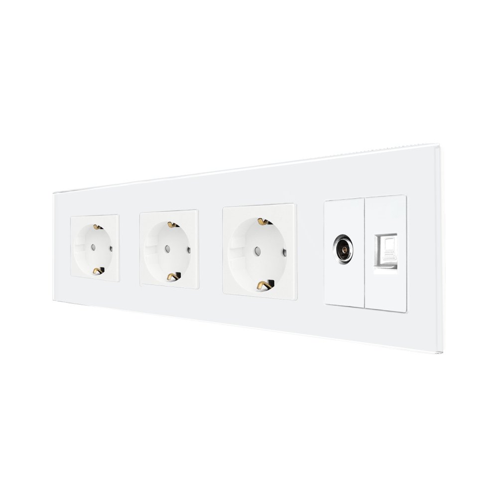 Priza Tripla Schuko + TV + Internet cu Rama Din Sticla LUXION