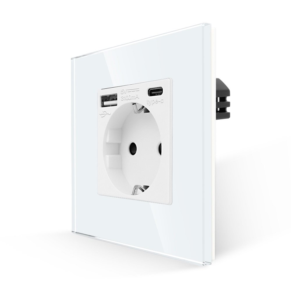 Priza Simpla + USB-A + USB-C LUXION cu Rama din Sticla