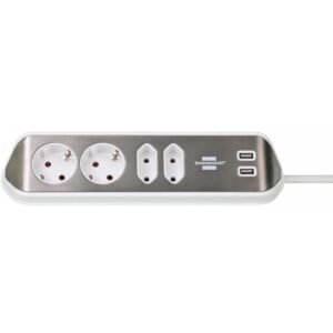 Prelungitor pentru perete/colt Brennenstuhl Estilo 4 prize, 2 USB, 3.1 A, 2m inox, adeziv inclus, argintiu-alb 1153590420