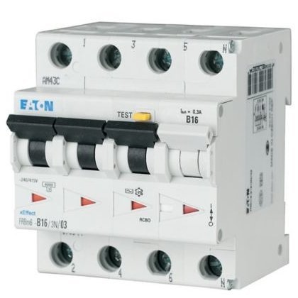 Siguranta diferentiala RCBO Eaton 170986, 3P+N, 30mA, 16A, 6kA, curba B, tip AC