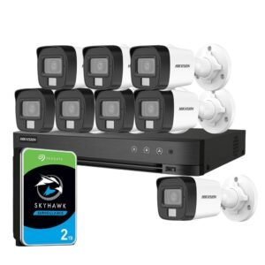 Sistem supraveghere exterior cu HDD 2TB HikVision, 8 camere, 5 MP, IR 25 m, lumina alba 20 m, 2.8 mm, microfon
