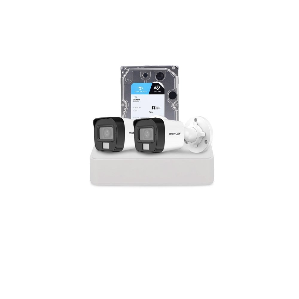 Sistem supraveghere exterior cu HDD 1 TB HikVision, 2 camere, 2 MP, IR 25 m, lumina alba 20 m, 2.8 mm, microfon
