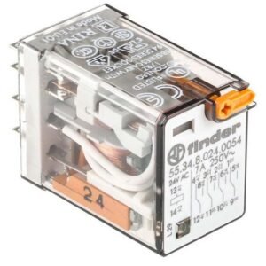 Releu de uz general 7A, buton de test blocabil + LED (C.A.) + indicator mecanic Finder 55.34.8.024.0054