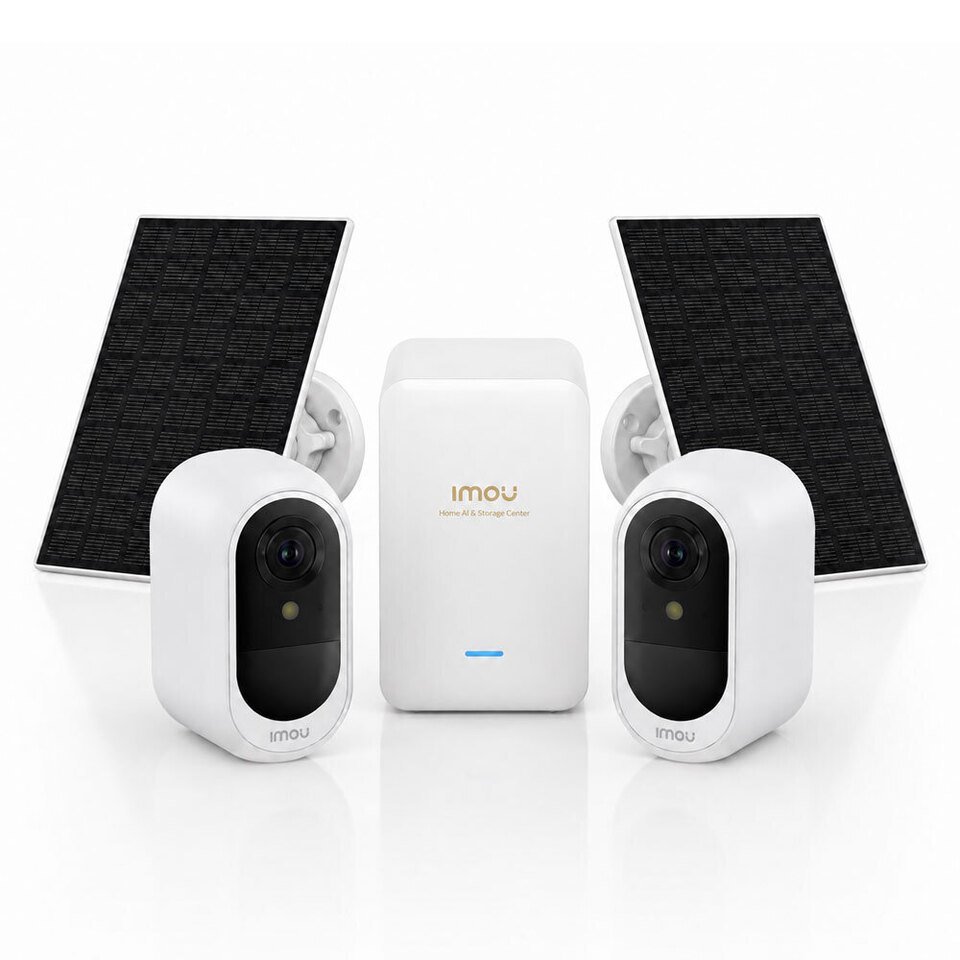 Sistem supraveghere IP WiFi 6 cu panou solar Imou Full Color AOV AIR 2, 2 camere, 5MP, slot card, microfon/difuzor, IR/lumina alba 15m, 5000mAh, detectie om/vehicul, sirena