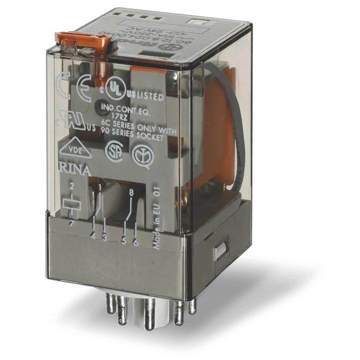 Releu de uz general, fisabil, 8 pini, alimentare 12VC.A., 2C, 10A, AgNi, cu buton de proba blocabil+ – Finder 60.12.8.0.12.0040