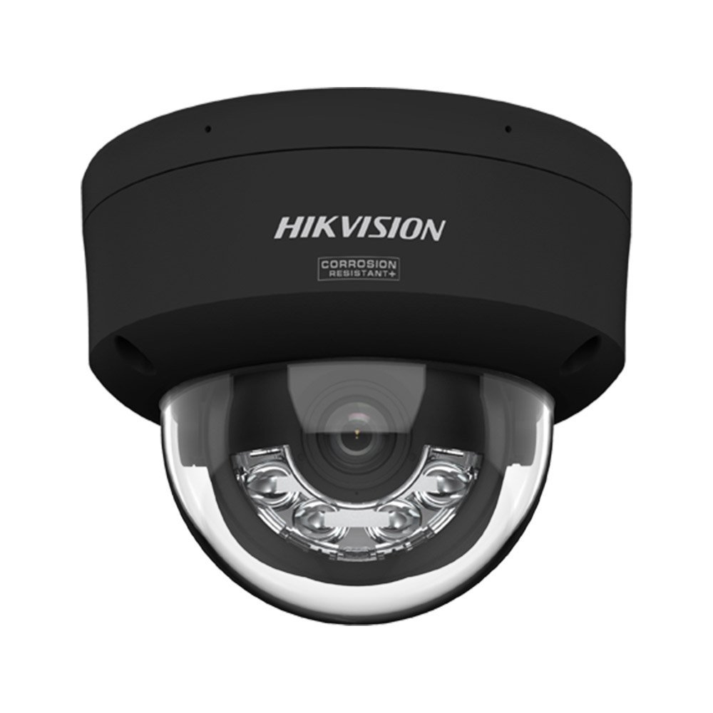 Camera supraveghere IP Dome cu iluminare duala Hikvision ColorVu DS-2CD2147G3-LIS2UY/BK, 4 MP, 2.8 mm, IR/lumina alba 30 m, microfon dual si difuzor, slot card, anti-coroziune, PoE, negru