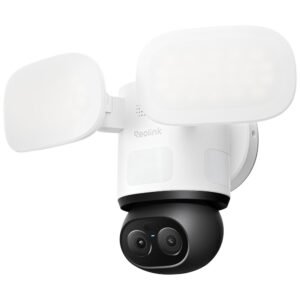Camera supraveghere rotativa IP Speed Dome PTZ cu lentila duala Reolink TrackFlex Floodlight Full Color F850P, 8MP, 2.8/8 mm, PIR, slot card, IR/lumina alba 30 m, 2800 lumeni, microfon si difuzor, sirena, detectie smart, auto-tracking, PoE