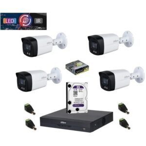 Sistem complet de supraveghere Dahua DH-4CEXT40MAIL-5MP HDCVI cu 4 camere de exterior de 5MP Smart Dual Illuminator 40m, microfon