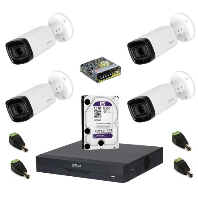 Sistem complet de supraveghere Dahua DH-4CEXT60M-5MP HDCVI cu 4 camere de exterior de 5MP, IR 60m, zoom motorizat 2.7-12mm, microfon