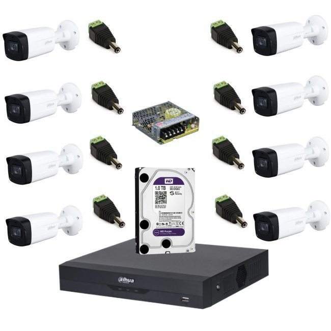 Sistem complet de supraveghere Dahua DH-8CEXT80M-5MPS HDCVI cu 8 camere de exterior de 5MP, IR 80m, Starlight, 16:9