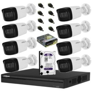 Sistem complet de supraveghere Dahua DH-8CEXT80MA-5MP HDCVI cu 8 camere de exterior de 5MP, 3.6mm, IR 80m, microfon