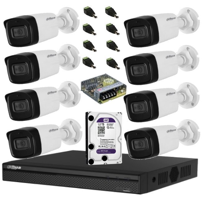 Sistem complet de supraveghere Dahua DH-8CEXT80MA-5MP HDCVI cu 8 camere de exterior de 5MP, 3.6mm, IR 80m, microfon