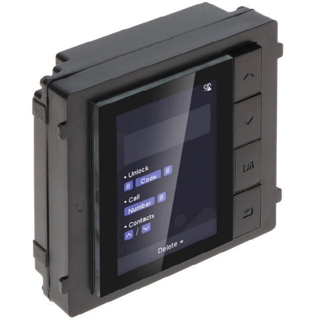 Modul de afisare pentru videointerfon modular Hikvision DS-KD-DIS; ecran LCD 3.5 inch, rezolutie 320x480P; 4 butoane de operare;