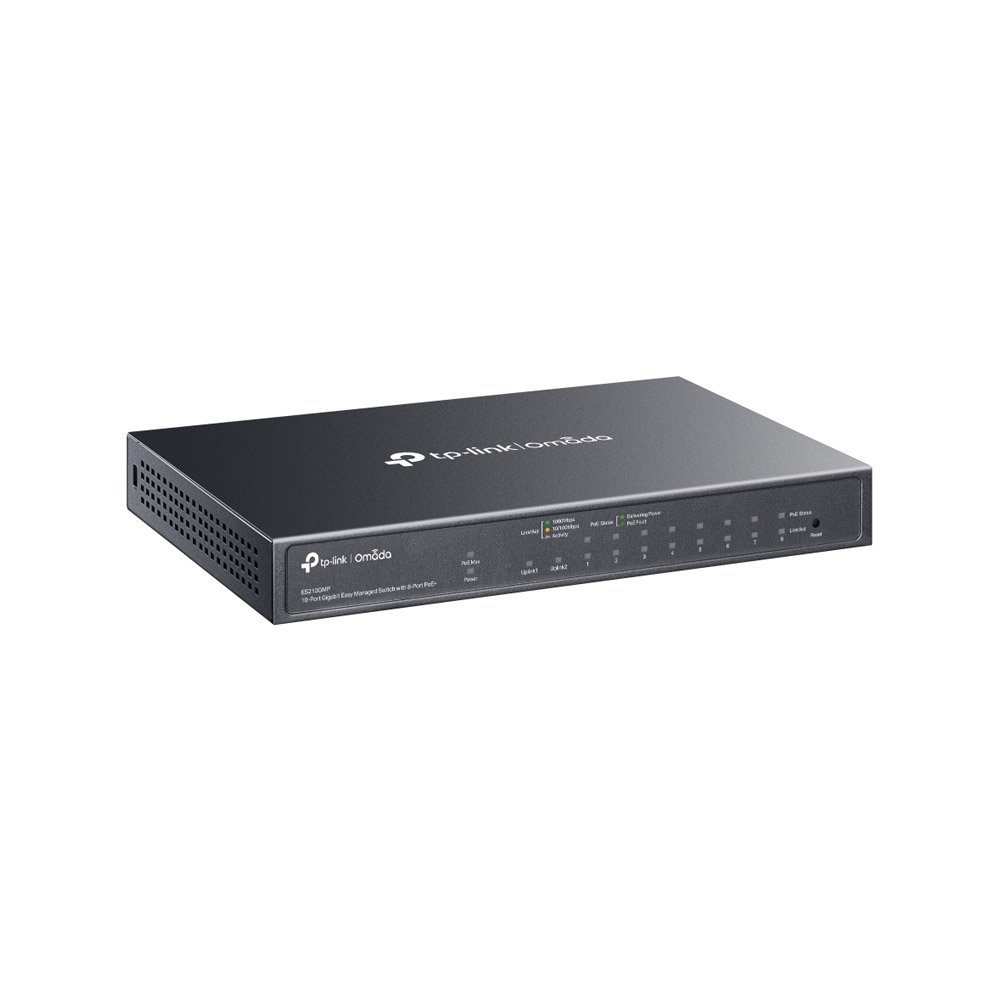 Switch cu 8 porturi Gigabit TP-Link Omada ES210GMP, 20 Gbps, 14.88 Mpps, MAC 8K, 2 porturi uplink, management