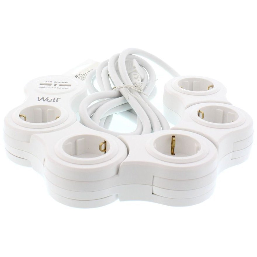 Prelungitor reglabil 5 prize 3M cablu 3xG1.5mm2 cu incarcator USB, Well EXTSR-5S3M-USB-WL