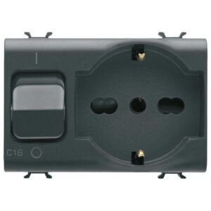 Priza bivalenta cu interblocare + siguranta automata 1P+N 16A Gewiss Chorus GW12312, negru satin
