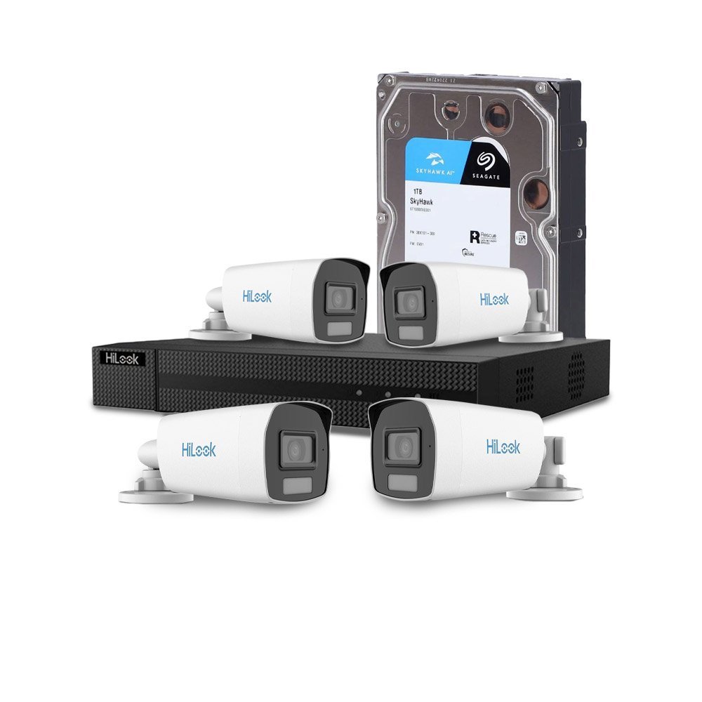 Sistem supraveghere exterior cu HDD 1 TB HikVision HiLook, 4 camere, 2 MP, 2.8 mm, IR/lumina alba 40 m, microfon