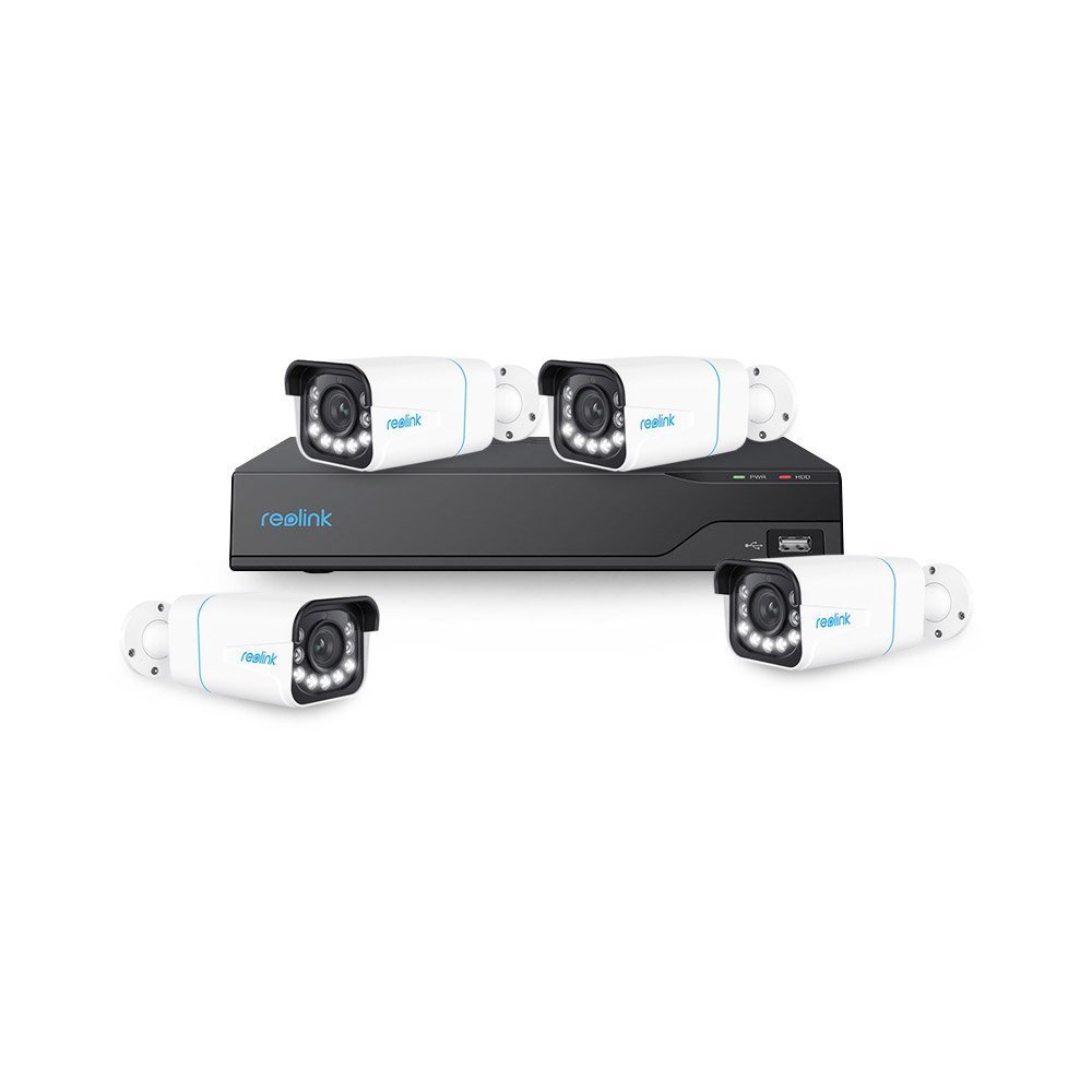Sistem supraveghere exterior IP basic Reolink KIT-RLK-4EXTIP-8MP-30M-P-M-V2, 4 camere, 8 MP, LED/IR 30 m, 2.7 – 13.5 mm, slot card, microfon, sirena, detectie oameni/vehicule, PoE, HDD 2 TB
