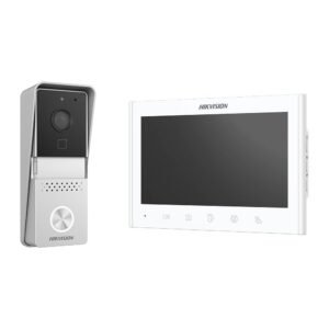 Kit videointerfon pe 2 fire Hikvision DS-KIS102-P/S, 1 familie, 7 inch, plug and play, aparent