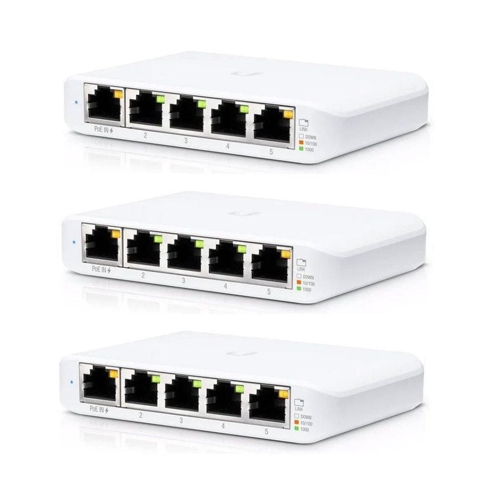 Kit switch Gigabit Ubiquiti UniFi Switch Flex Mini, 5 porturi, 10 Gbps, Layer 2, PoE, cu management, 3 bucati