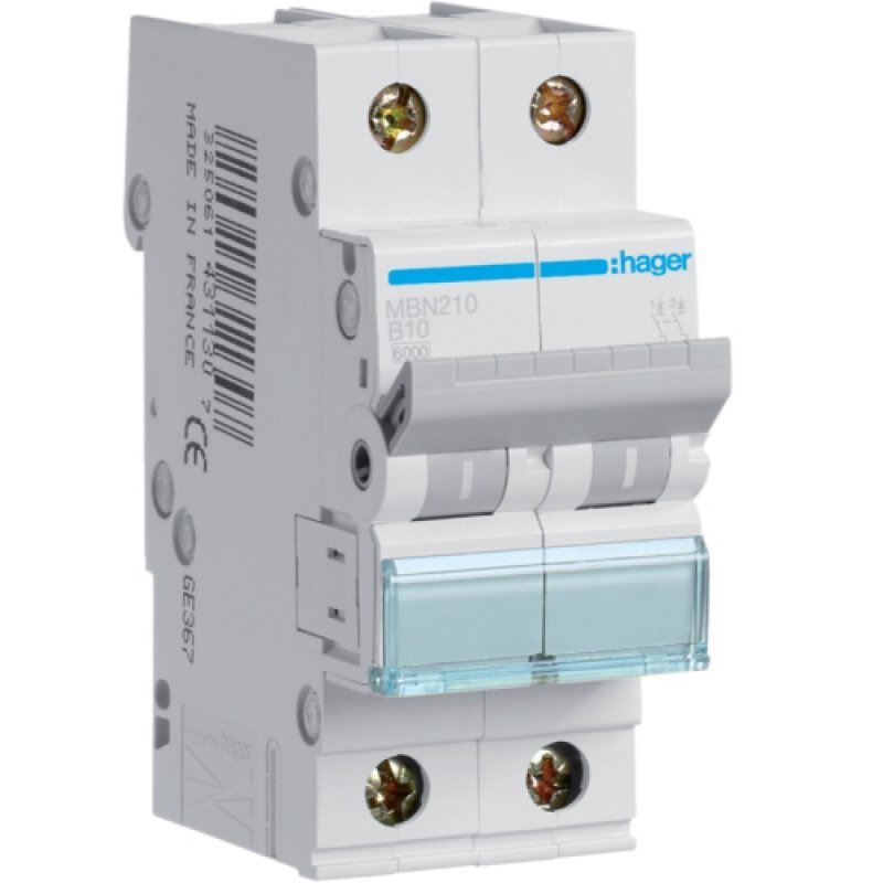 Siguranta automata 2P, 10A, 6kA, curba B Hager MBN210