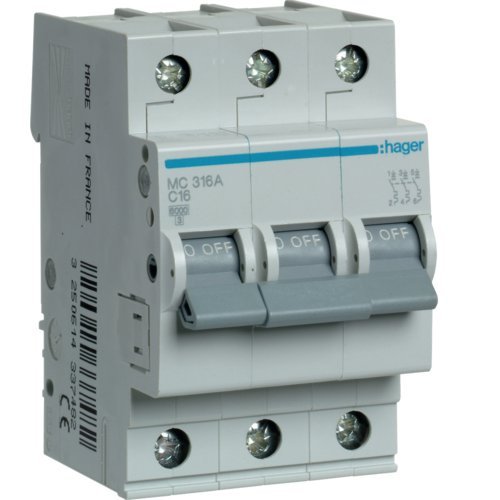 Siguranta automata 3P, 16A, 6kA, C, Hager MC316A