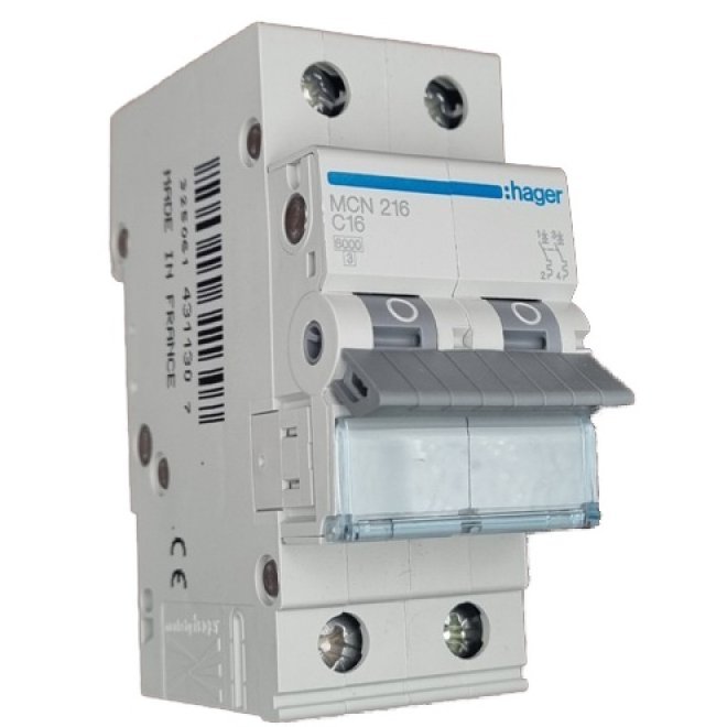 Siguranta automata 2P, 16A, 6kA, curba C Hager MCN216