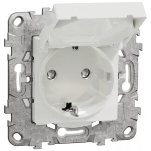 Priza 2P+E 16A IP44+suport fixare, cu capac, obturatoare Schneider Noua Unica NU508218, alb