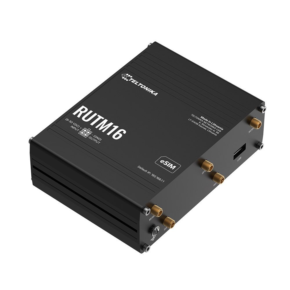 Router industrial 4G LTE Cat 6 Teltonika RUTM16, WiFi 5 Dual Band, 2.4GHz / 5GHz, dual SIM, eSIM, 5x porturi Ethernet Gigabit 10/100/1000 Mbps, I/O, PoE pasiv, GNSS, management de la distanta