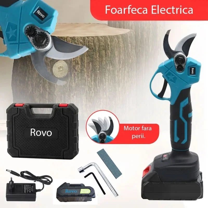 Foarfeca electrica pentru gradina Rovo RV-FE, motor brushless, 2 acumulatori 2000mAh, 800W, valiza de transport / 0048544088160