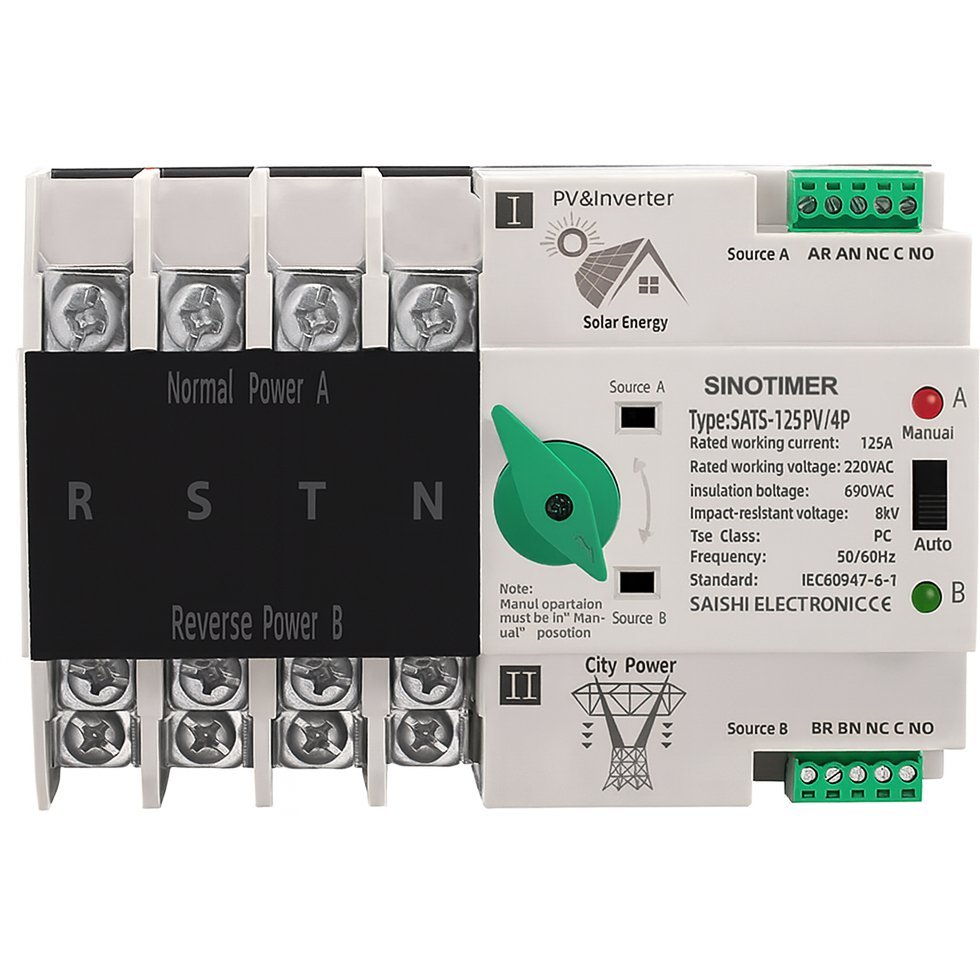 Comutator de transfer, PV, 4P cu sina DIN, SINOTIMER, comutatoare de selectie automata de transfer cu dubla alimentare, 125A SATS-125PV/4P