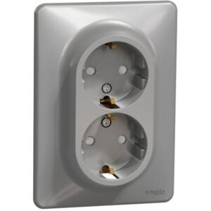 Priza dubla 2P+E, cu obturatoare, Schneider, SDD313221, Sedna Design, aluminiu