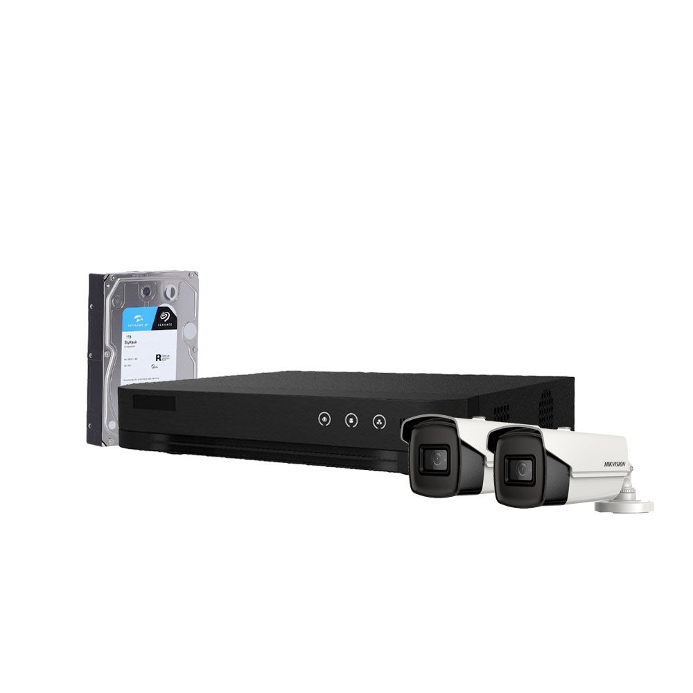 Sistem supraveghere exterior cu HDD 1TB HikVision, 2 camere, 5 MP, IR 60 m, 2.8 mm