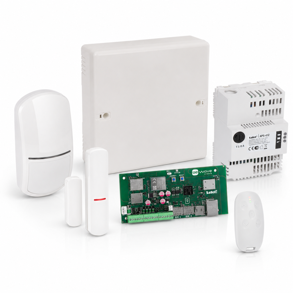 Sistem alarma antiefractie hibrid 4G Satel Be Wave Hybrid 128 Plus, sursa alimentare 12 V, 128 dispozitive, Ethernet, WiFi, 2.4/5 GHz, dual sim, 868 MHz, tamper, detectie miscare, senzor geam/usa, slot card, notificari pe telefon