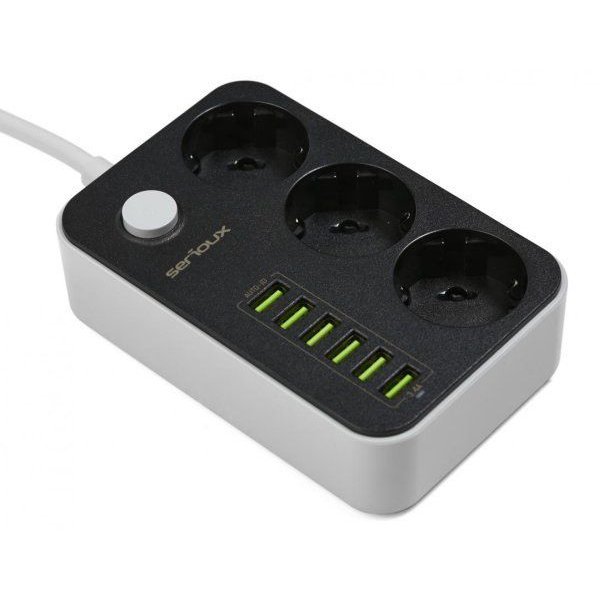 Prelungitor cu protectie Serioux, 3 prize schuko, input 100-240V, 50- 60Hz, output (Total): 2500W – 10A, 6 porturi USB, USB Output SRXP-PS36B
