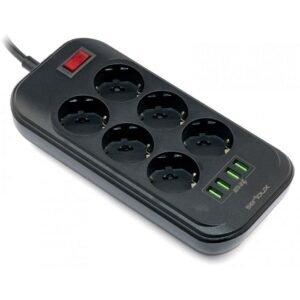 Prelungitor cu protectie Serioux, 6 prize schuko, input 100-240V, 50- 60Hz, output (Total): 2500W – 10A, 4 porturi USB, 4 porturi SRXP-PS66B