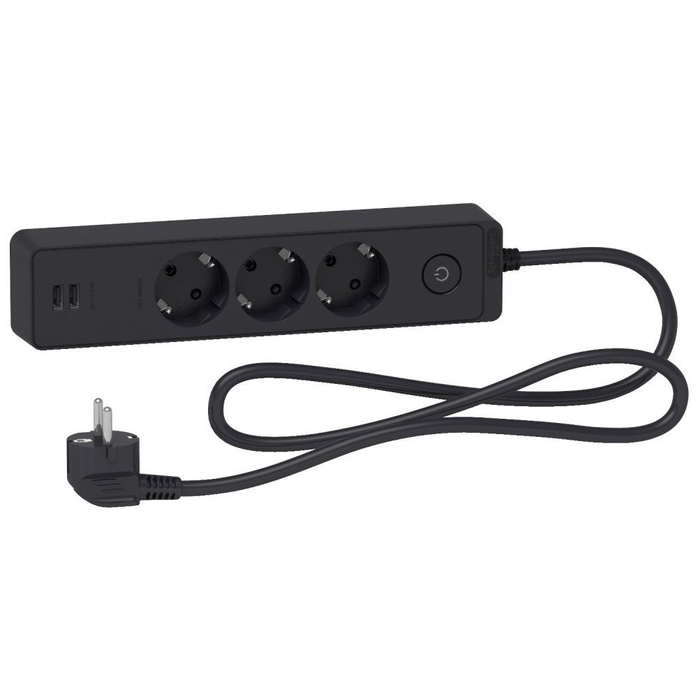 Prelungitor Unica 2P+E, 3prize + 2 USB + intrerupator, 1.5m cu obturatoare Schneider ST943U1B, antracit