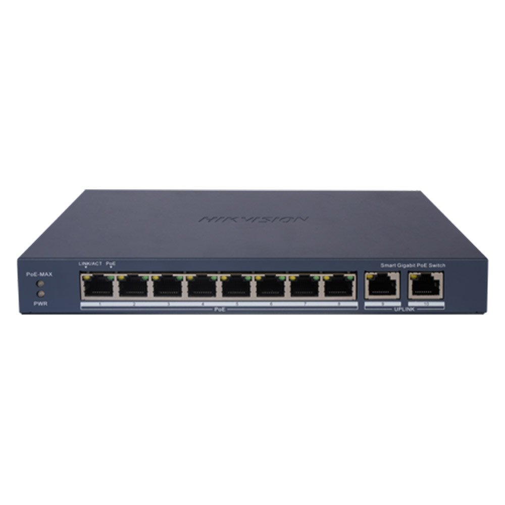 Switch cu 10 porturi Gigabit Hikvision DS-3E0510P-EI, 8 porturi PoE, 2 porturi uplink, 10/100/1000Mbps, 4k MAC, buget PoE 110 W, cu management