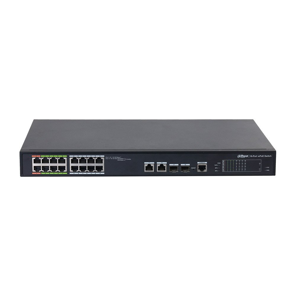 Switch cu 18 porturi Dahua LR2218-16ET-240-V2, 8 porturi ePoE, 8 porturi PoE, 2 porturi SFP, buget 240W, cu management