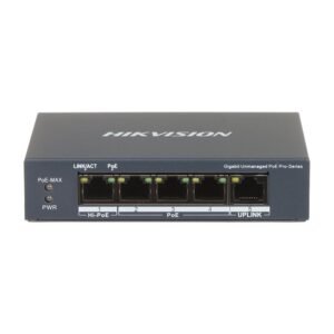 Switch cu 5 porturi Gigabit Hikvision DS-3E0505HP-E, 10 Gbps, 7.44 Mpps, 2000 MAC, Hi-PoE, fara management