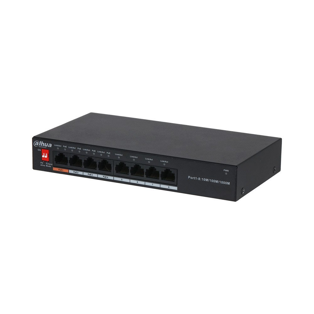 Switch cu 8 porturi Gigabit Dahua PFS3008-8GT-60-V2, 4 porturi PoE, RJ45 10/100/1000Mbps, 8K MAC, 20 Gbps, PoE watchdog, buget 60W, fara management