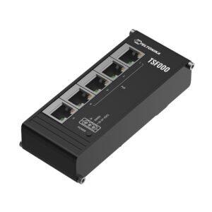 Switch industrial cu 5 porturi Teltonika Low Profile TSF000, 10Gbps, 10/100Mbps, 120W buget PoE+, montare sina DIN, fara management