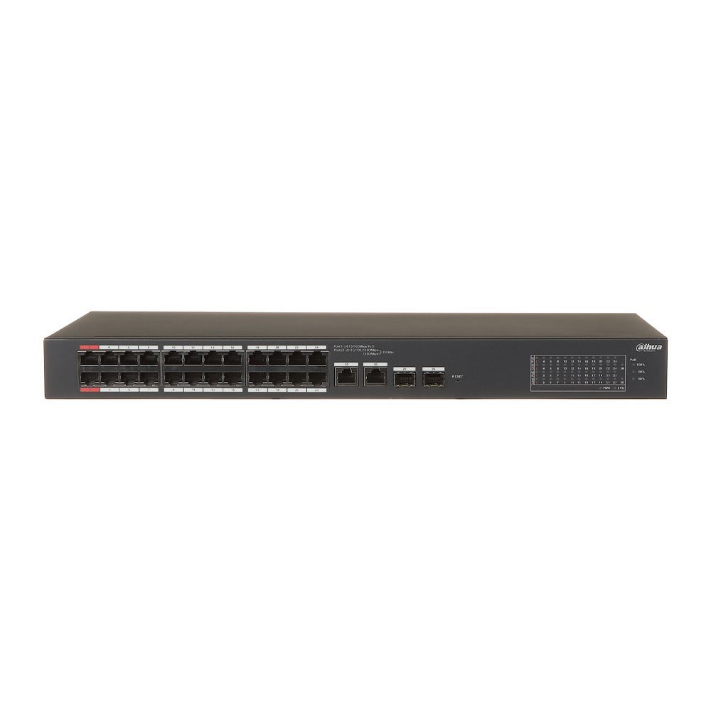 Switch rackabil cu 26 porturi Dahua CS4226-24ET-240, 24 porturi PoE 10/100 Mbps, 2 porturi SFP 1000 Mbps, PoE Watchdog, buget PoE 240W, Cloud Management