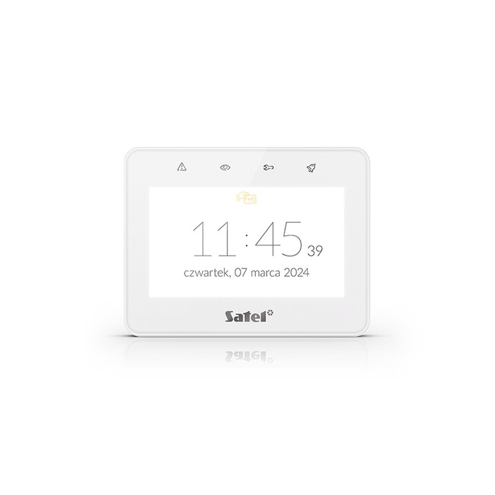 Tastatura touch screen Satel Integra INT-TSG2R-W, 4.3 inch, functii MACRO, Mifare 13.56 MHz, slot card, alb
