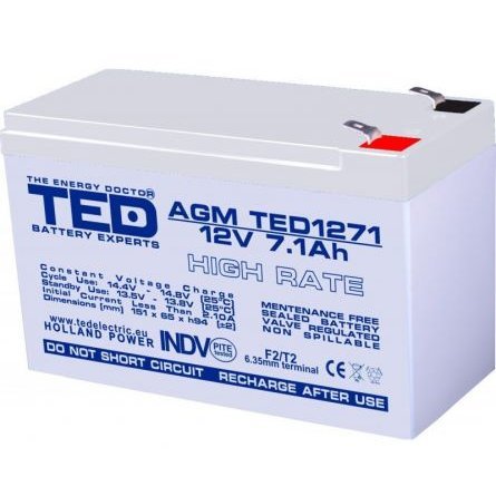 Acumulator High Rate AGM VRLA TED Battery Expert Holland TED003300, 12V, 7.1A TED1271 HR