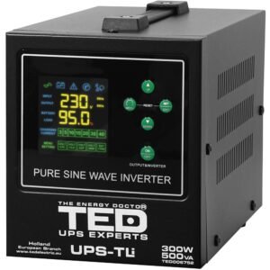 UPS pentru centrala termica (pe lemne / gaz) TED Electric 500VA/300W TED006752, unda sinusoida pura, borne externe, suporta acumulator Litiu / Pb Acid