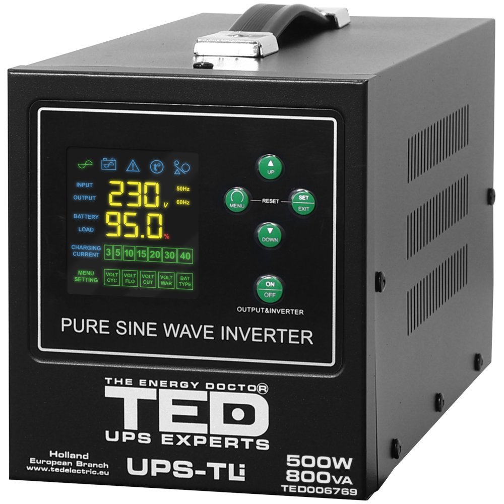 UPS pentru centrala termica (pe lemne / gaz) TED Electric 800VA/500W TED006769, unda sinusoida pura, borne externe, suporta acumulator Litiu / Pb Acid