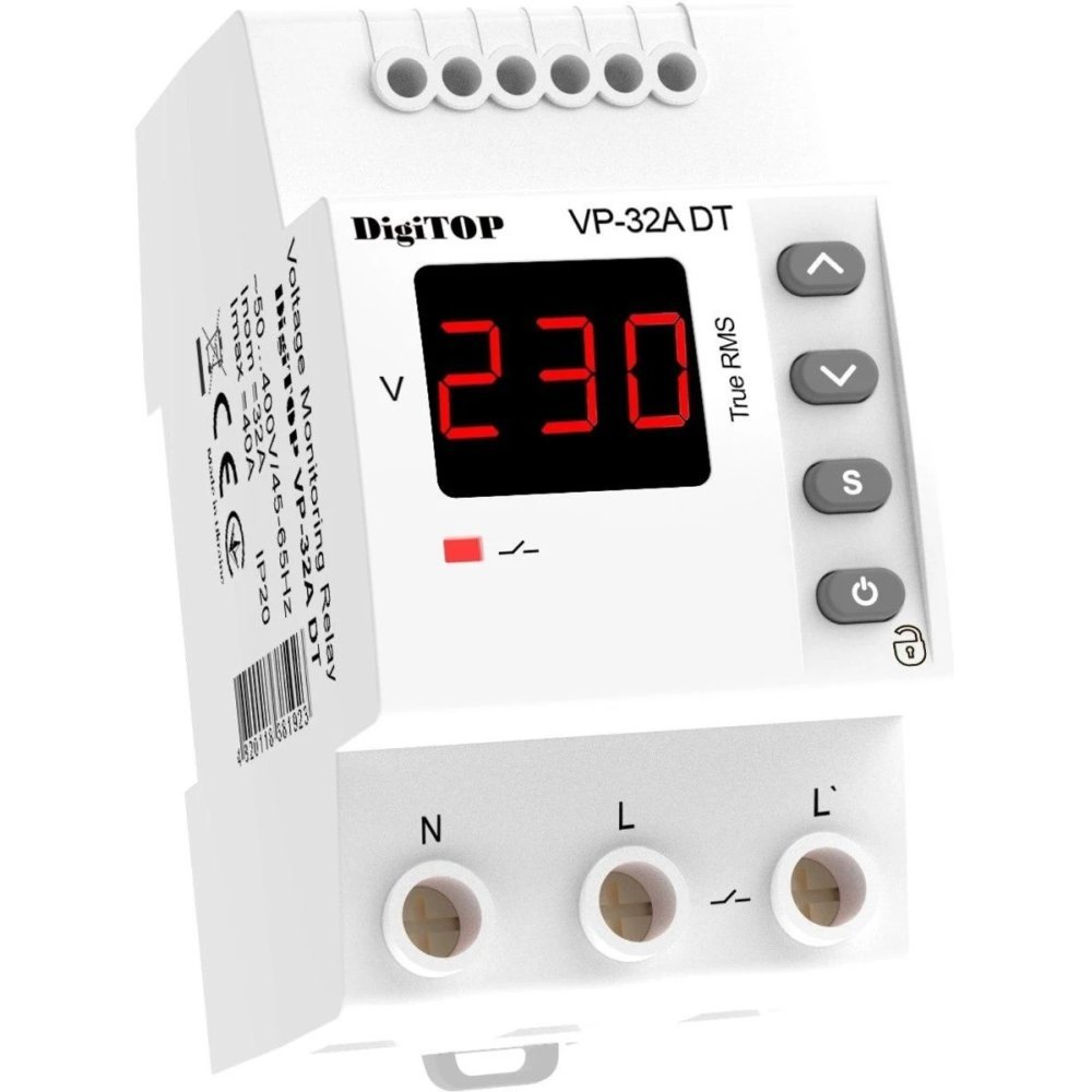 Releu protectie tensiune monofazat, 32 A, 1 secventa, 2P, 230V DigiTop VP-32A DT 4820118381923